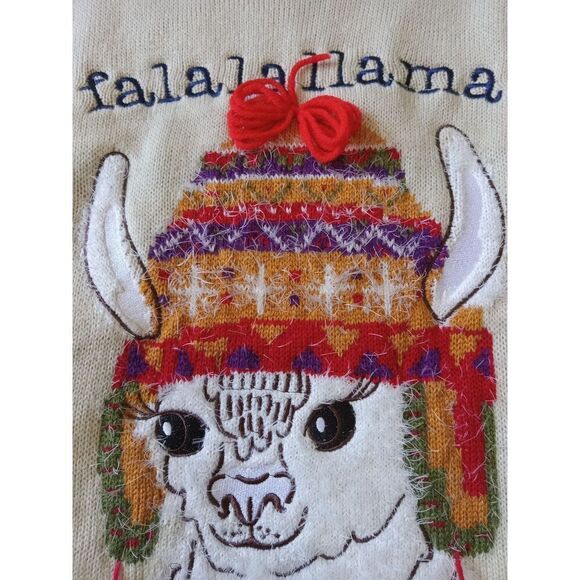 Women's Beige Tight Knit Falalallama Llama Ugly Christmas Sweater Size Medium - Picture 6 of 12